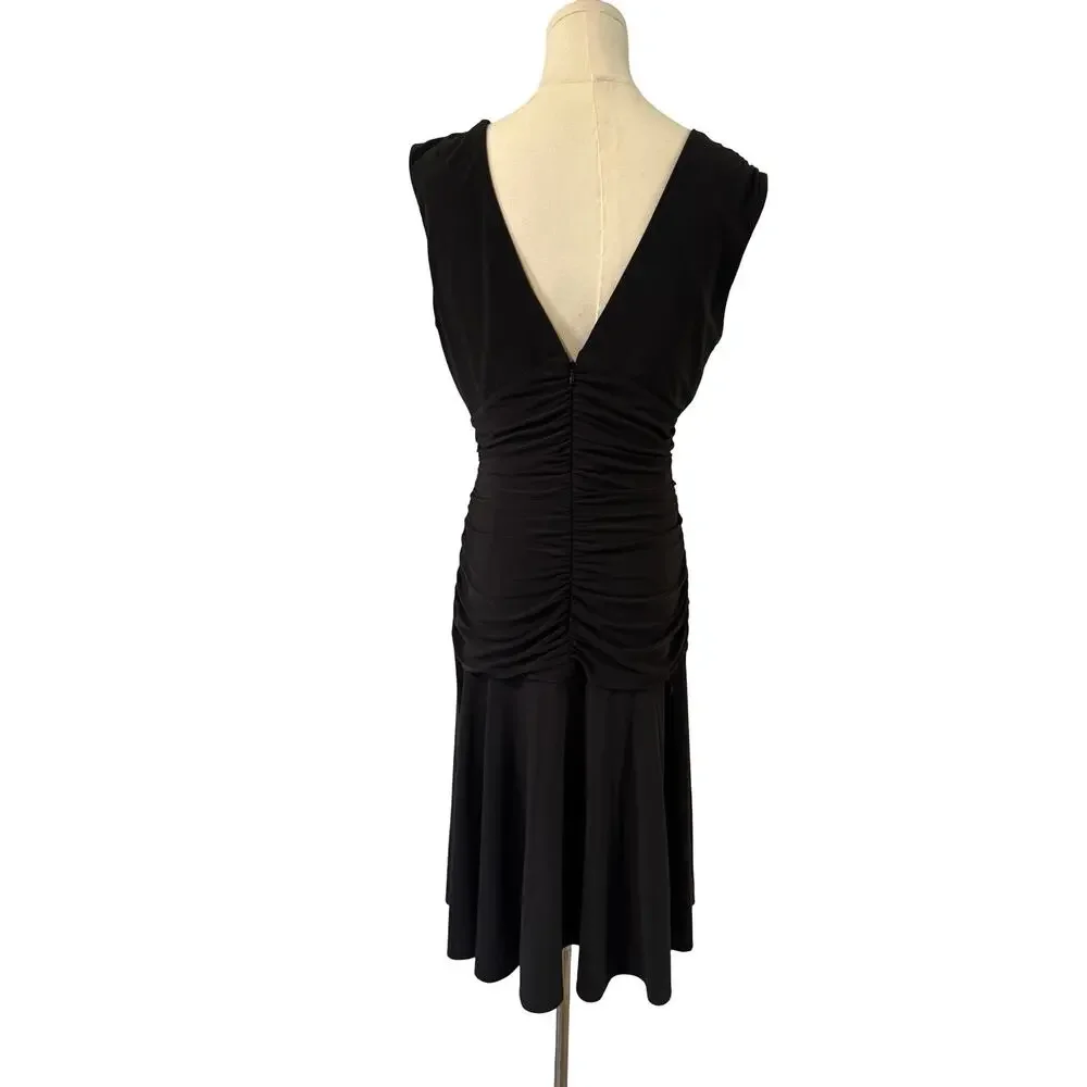 WHBM Black Ruched Midi Dress Size 6 Drop Waist V Neck Fit Flare Dress